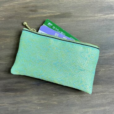 【エスニック】畳縁　ぺたんこ　ミニポーチ　カードケース　小銭入れ　オリエンタル　エメラルドグリーン　ゴールド