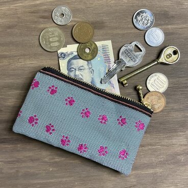 【足あと】畳縁　ぺたんこ　ミニポーチ　カードケース　小銭入れ　肉球　グレー　ピンク　犬　猫