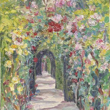 花の散歩道(油絵、原画、0号、キャンバス、額なし)