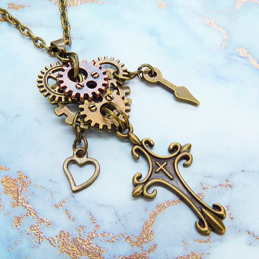 アンティークゴールド ロザリオと多層構造の歯車を組合せたスチームパンク風ネックレス 長さ調整可 アジャスター可