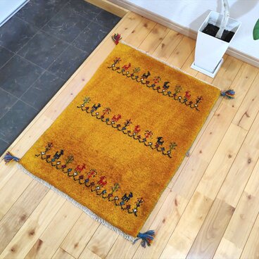 ペルシャ ギャッベ　玄関マット　ラグ　87x63cm　黄金色　ヤギ　羊　生命の木　RJ15793s