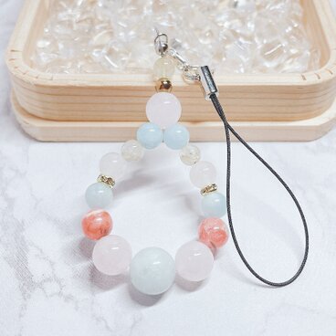 ✦ラスト1点✦結婚のお守りに♪愛と絆を支える パワーストーンストラップ｜アクアマリン・ローズクォーツ・インカローズ No768S