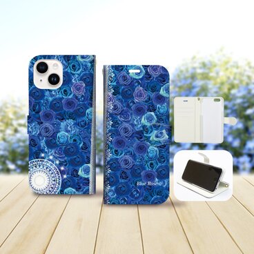 iPhone専用 手帳型スマホケース 【内側色：ホワイト仕様】カメラ穴有【ブルーローズⅥ】