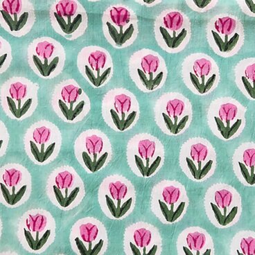 インド ブロックプリント生地 [50cm単位切り売り] ピンクチューリップ on ミントグリーン 花 SA IF0469