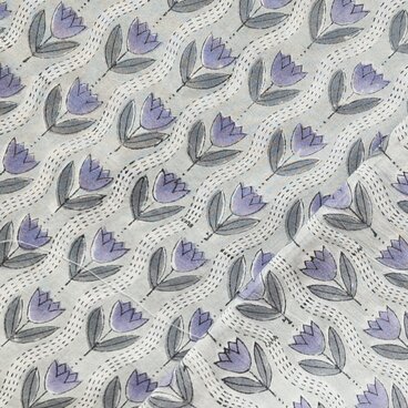 インド ブロックプリント生地 [50cm単位切り売り] サンガネリ パープル チューリップ on グレー IF0474