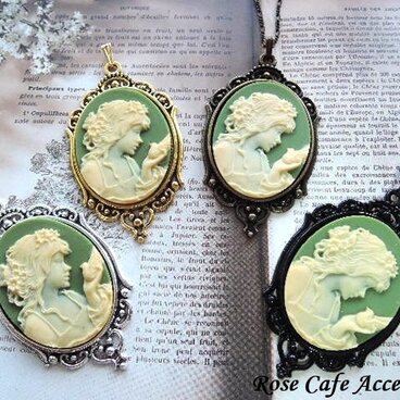（1430）数量限定品素敵なカメオシリーズ✨ビクトリア朝ルサイトカメオレディー＆バード✨オリーブグリーン×アイボリー。・。・