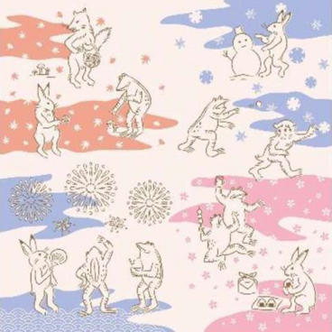 風呂敷　ふろしき   くらしの布　鳥獣戯画　春夏秋冬　綿100％　50cm×50cm　ピンク