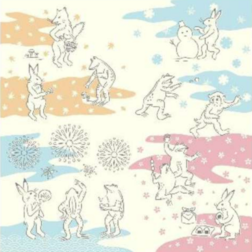 風呂敷　ふろしき   くらしの布　鳥獣戯画　春夏秋冬　綿100％　50cm×50cm　クリーム