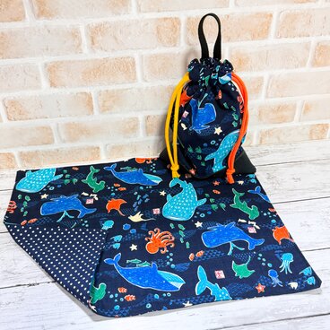 給食２点セット　【和柄・水族館★紺】