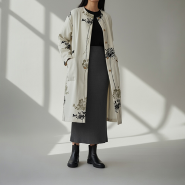 ノーカラー　コート【送料込み】古布リメイク　1枚仕立て　ホワイト