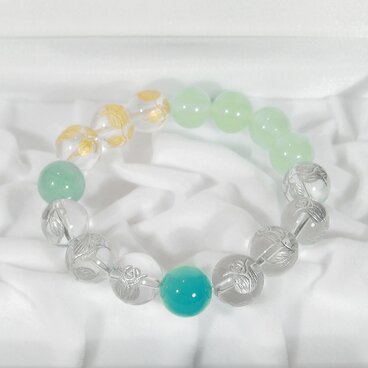 シーブルーカルセドニー、ブレナイト、水晶のブレスレット（内周：15.5cm、天然石、薔薇のつぼみ、4月の誕生石）