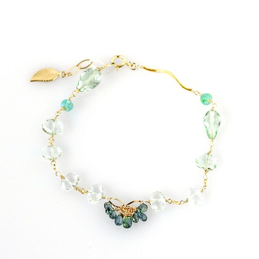 プラジオライトとグリーンサファイアの雫ブレスレット 14KGF エレガントグリーンサファアイア