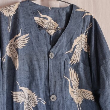 鶴柄浴衣リメイク　　ダボシャツ　鯉口シャツ