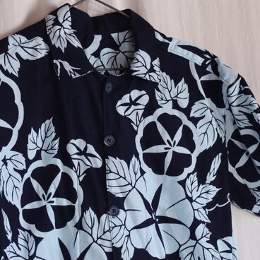 浴衣リメイク　紺地朝顔柄　アロハシャツ