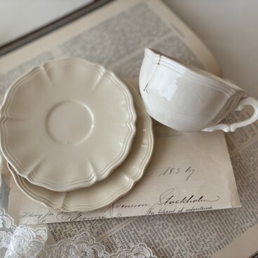 【金継ぎお直し済み】Sarreguemines　サルグミンヌ / 花リムティーカップ＆ソーサー＋デミタスソーサーset