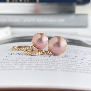 ゴールデンピーチピンク大粒 淡水パールのフープピアス 14mm エジソンパール　ウェディング　式