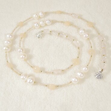 10mm本真珠（淡水パール）とムーンストーン、ローズクォーツのロングネックレス（74.5cm、天然石、ホワイト、ピンク）