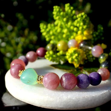 アルツハイマー、脳に良いブレスレット　ブルーカルセドニー、レピドライト、ローズクォーツ