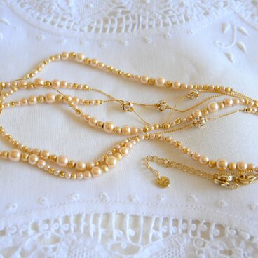 フェイクパール＆ラインストーン飾り 華奢な2連ネックレス 3ウェイスタイル