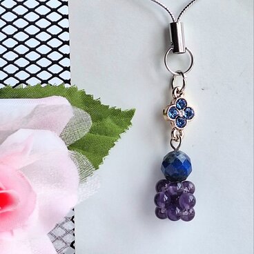 【大人可愛いストラップ】アメジスト ビールボール×ラピスラズリ＊ストラップ＊天然石＊お守りアクセサリー＊天然石ストラップ