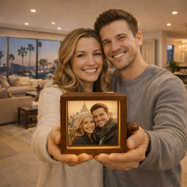 記念日の思い出を回して楽しむ木製フォトボックス｜写真入り・名入れ可｜恋人への贈り物に