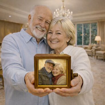 家族の思い出を贈る木製フォトボックス｜写真入り・ライト付き｜両親プレゼント・金婚式に