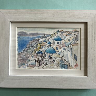 夢のサントリーニ(水彩画、原画、ギリシャ、サントリーニ島、風景画、フレーム付き)