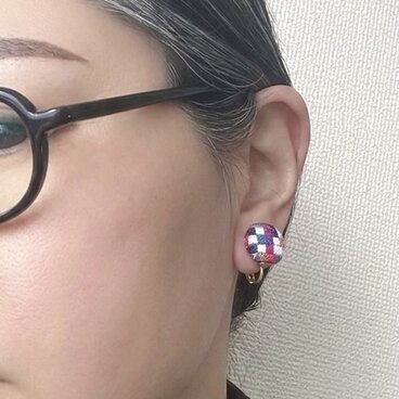 絽ざし ネジ式イヤリング 市松文様 ／ 絹糸のモザイクアート　