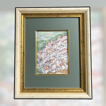 アンダルシアの白い村カサレス（水彩画、原画、透明水彩、スペイン、アンダルシア、額付き）