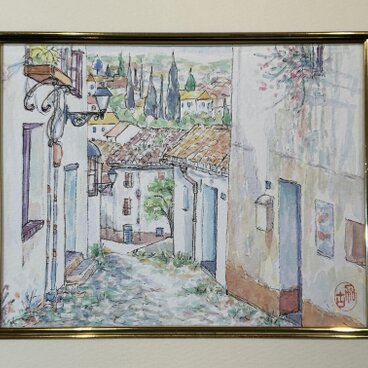 朝の散歩(水彩画、原画、スペイン額付き）