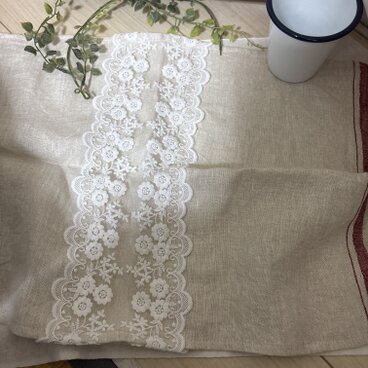 ✳︎ ✳︎ハンドメイド✳︎ リネン赤耳端残しレースフリークロスキッチンファブリック