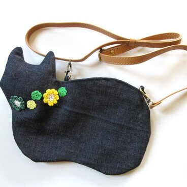 新作＊斜め掛け お花モチーフ仔猫バッグ＊グリーン