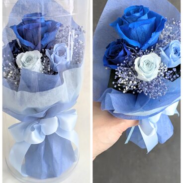 プリザーブドフラワー／青い薔薇とミニ薔薇とかすみ草の花束／そのまま飾れるクリアケース入り花束