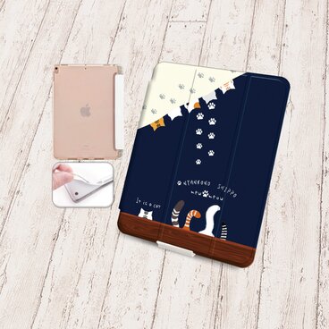 手帳型iPadケース【バックカバー：ソフトタイプ】片面印刷/カメラ穴有【にゃんこのしっぽⅡ《ネイビーブルー》】（名入れ可））