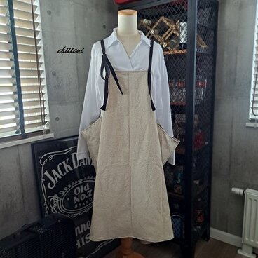 【背中がかわいい】エプロンドレス：マキシ：ワッシャーリネン×ブラック【1041】