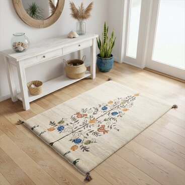 ペルシャ　ギャッベ　マット大　ラグ　120x86cm　アイボリー　生命の木　RJ15317