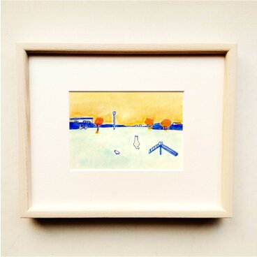 原画「夕焼け空」 ※木製額縁入り（インチサイズ）水彩・犬の絵・イラスト・風景画・送料無料