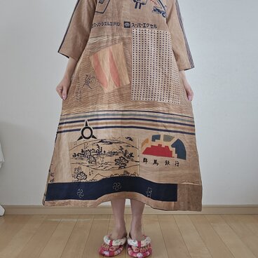 着物リメイク　ハンドメイド　柿渋染め　パッチワーク　ワンピース