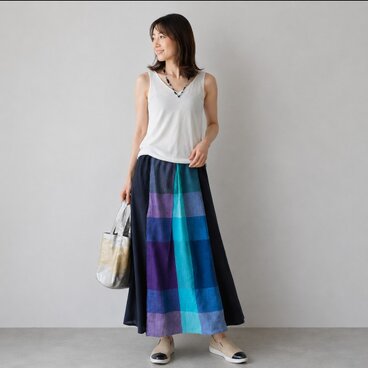 ★丈85㎝まで★手織り綿★サイドに紺リネンのたっぷりギャザースカート★裏地なし★