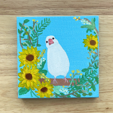 ミニひまわりのリースと文鳥　ミニキャンバス原画