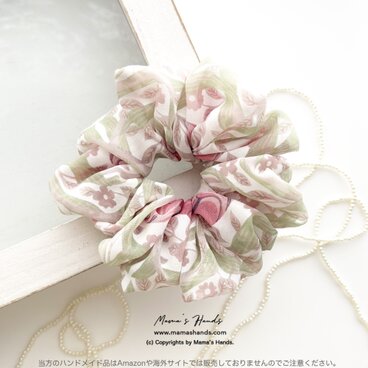 《ふんわりオパールに透ける花》☘️ピンパーネル ウィリアムモリス グリーン ピンク ボリューム シュシュ ヘアゴム