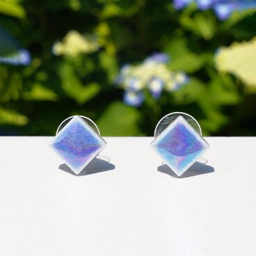 T-210 美濃焼　紫陽花　パール加工のピアス / イヤリング　裏面レザー加工