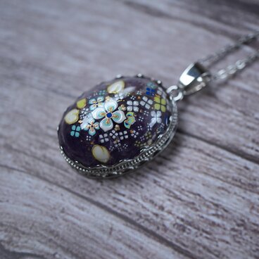 アメジストと紫陽花の蒔絵ペンダント｜天然石アクセサリー 金箔　ネックレス　アジサイ　梅雨　雨　初夏　あじさい　夏　父の日