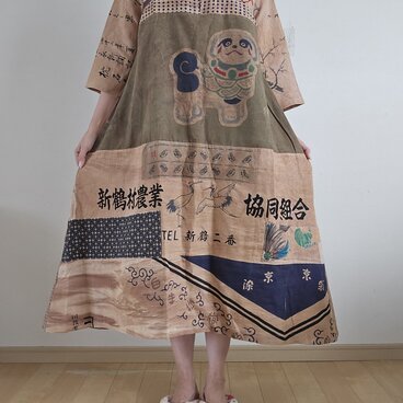 着物リメイク　ハンドメイド　柿渋染め　パッチワーク　長袖ワンピース