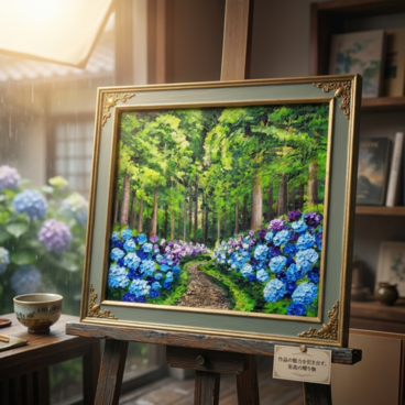 【油絵】森の奥に咲き誇る、万華鏡の紫陽花｜絵画 アジサイ 初夏 梅雨 インテリア 壁掛け 原画 [色紙サイズ]