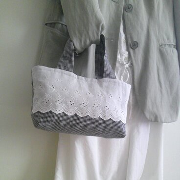 刺繍lace×格子柄linen Tote＆pouch
