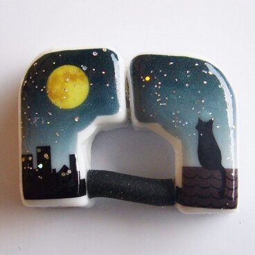 壁掛用磁気式リングホルダー（満月と猫・緑）