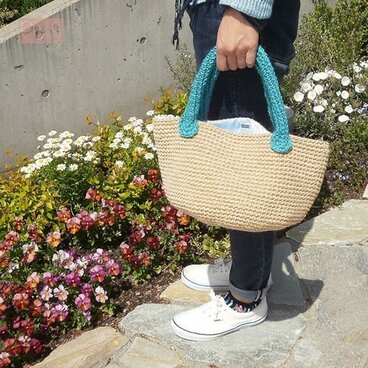 麻かごバッグ（ナチュラル+ターコイズ）