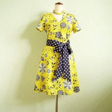 USAコットン幾何学花柄カシュクールワンピースイエロー