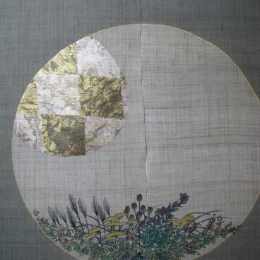 月に秋草    手描き のれん